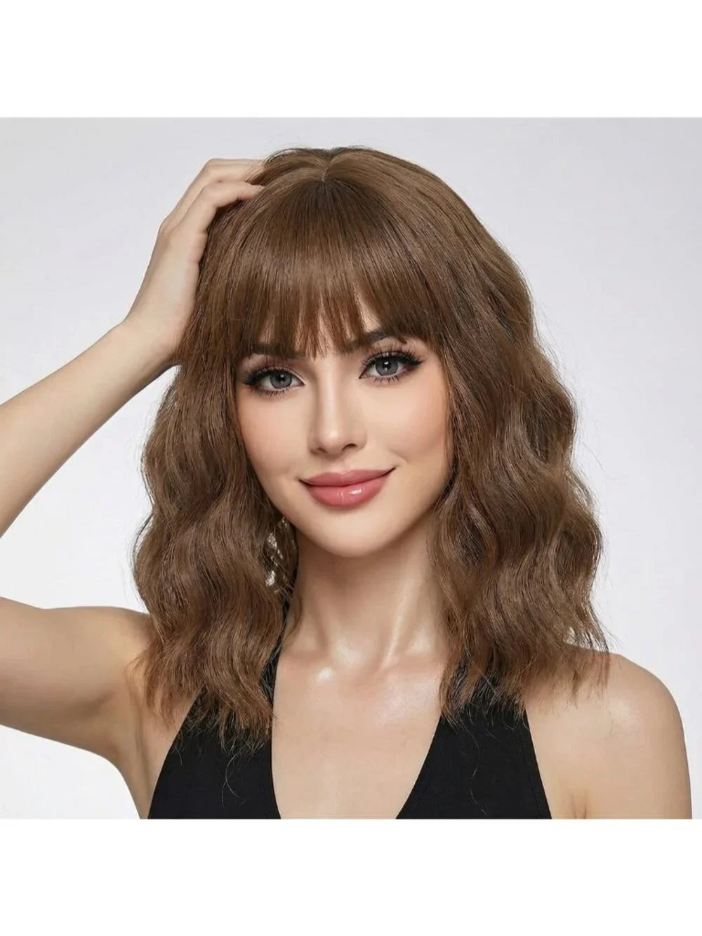 Women's Brown 14 Inch Short Shoulder Length Synthetic Bangs Wavy Bob Wig
